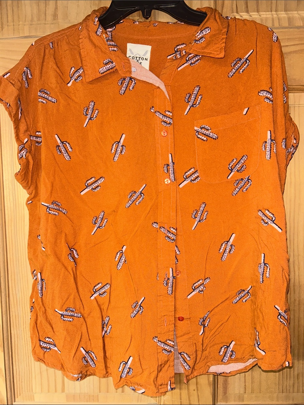 Cotton Rye Womens Orange Short-Sleeve Button-Down with Cactus Print